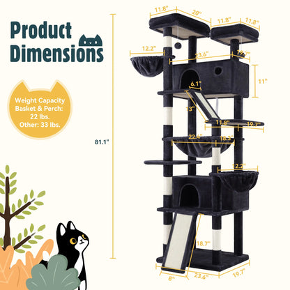 HOOMIC 81-Inch Large Cat Tree Tower - Multi-Level Climbing Structure with Condo, Hammock, and Scratching Post, Stable Base for Larger Cats, Available in Various Colors