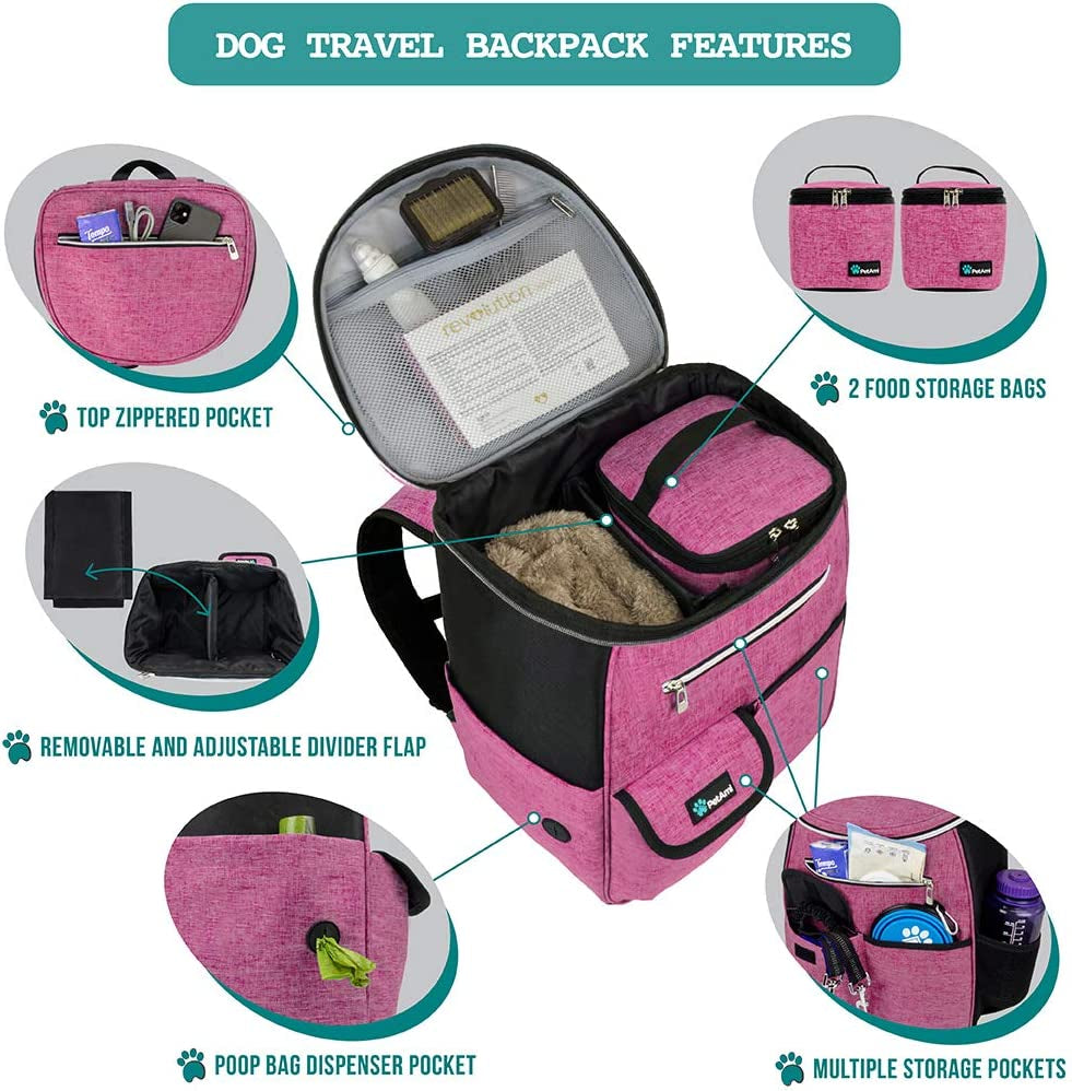 Airline-Approved Dog Travel Backpack with Food Container and Collapsible Bowls - Essential Camping and Hiking Accessories for Pet Owners, Pink