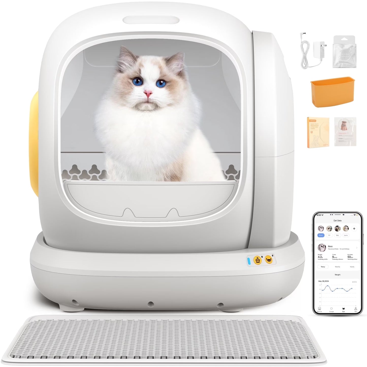 75L Smart Automatic Self-Cleaning Cat Litter Box with APP Control and Integrated Safety Features - White