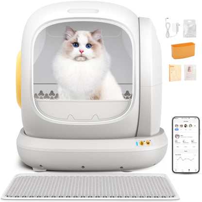 75L Smart Automatic Self-Cleaning Cat Litter Box with APP Control and Integrated Safety Features - White