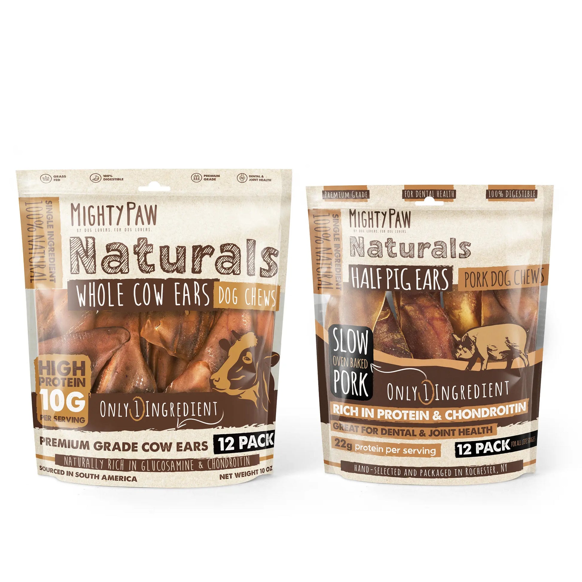 Mighty Paw Natural Ear Chews Bundle - Premium Grass-Fed Cow and Half Pig Ears for Dogs, Grain-Free Dental and Joint Support Treats, High Protein Options for All Breeds