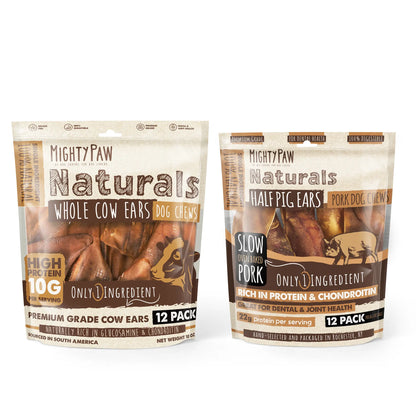 Mighty Paw Natural Ear Chews Bundle - Premium Grass-Fed Cow and Half Pig Ears for Dogs, Grain-Free Dental and Joint Support Treats, High Protein Options for All Breeds