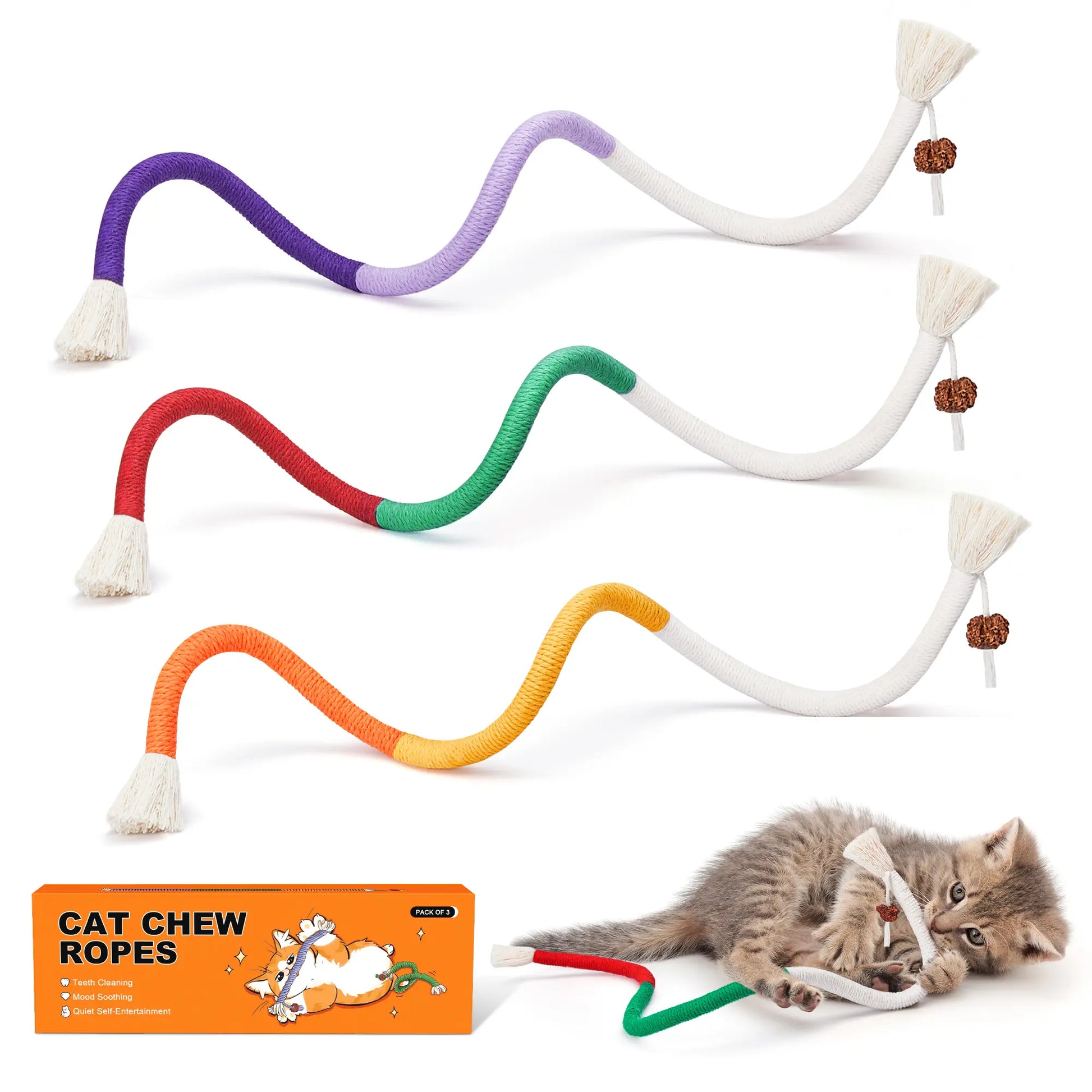 Potaroma 3-Piece Interactive Cat Chew Rope Toys for Safe Dental Care and Calming for Indoor Kittens
