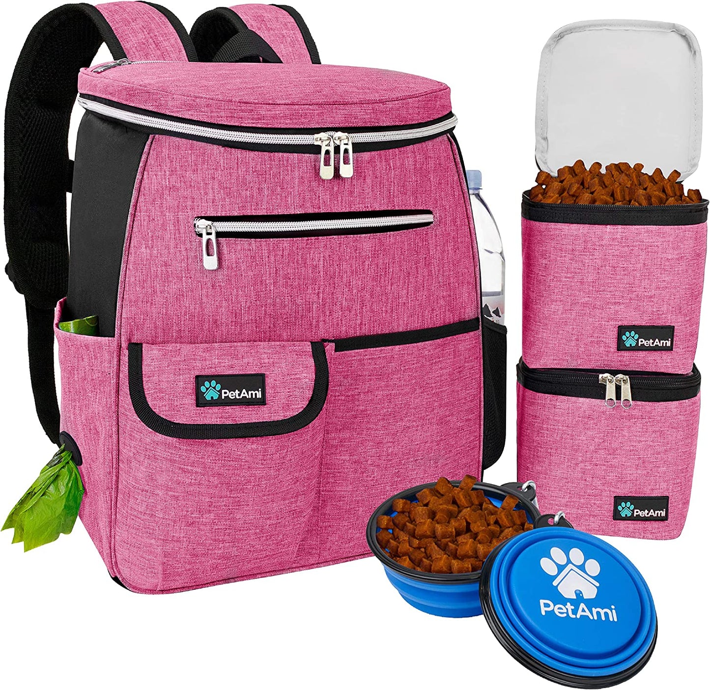 Airline-Approved Dog Travel Backpack with Food Container and Collapsible Bowls - Essential Camping and Hiking Accessories for Pet Owners, Pink