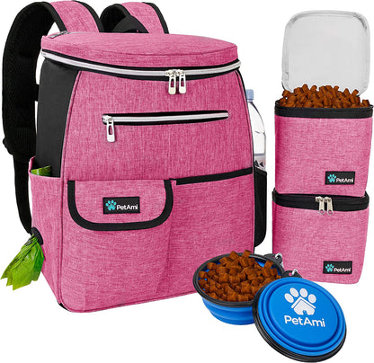 Airline-Approved Dog Travel Backpack with Food Container and Collapsible Bowls - Essential Camping and Hiking Accessories for Pet Owners, Pink